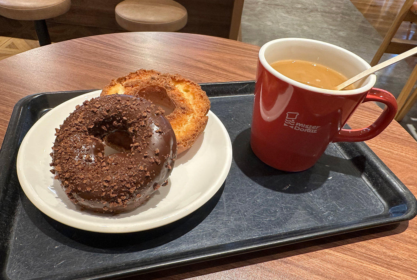 Svart bricka med en röd kopp med ljust kaffe och en vit tallrik med en ljus och en brun munk.