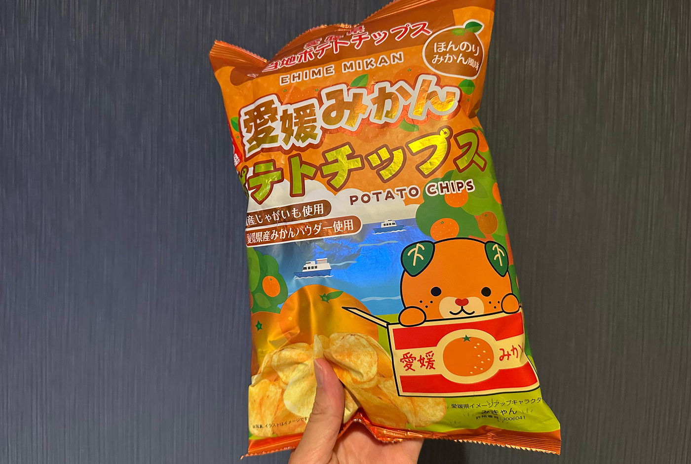 En orange påse med chips. En orange hund med löv till öron pryder påsen.