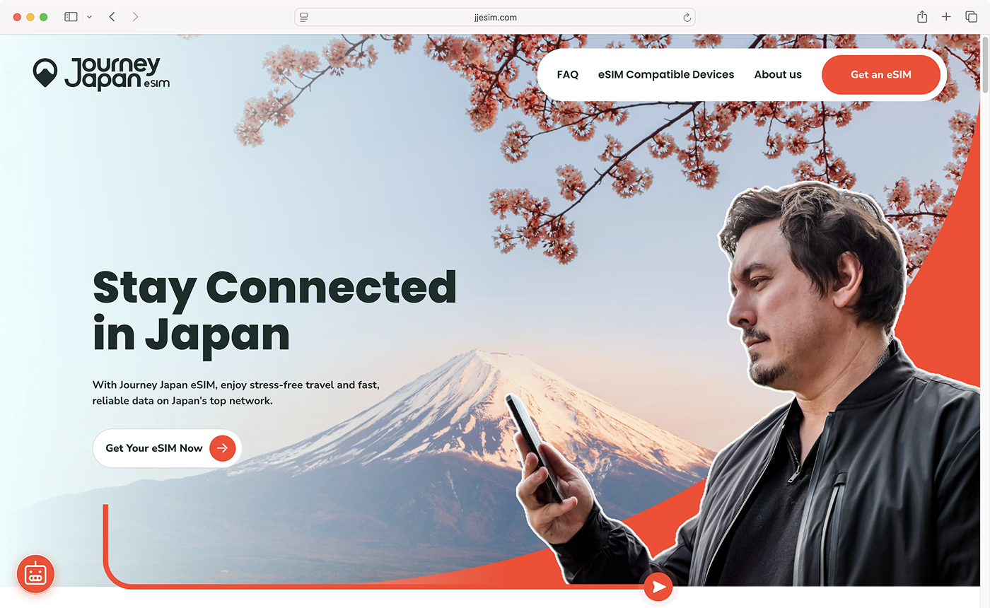 Skärmdump av en webbplats där en mörkhårig man håller i en mobiltelefon. En rubrik lyder "Stay connected in Japan".