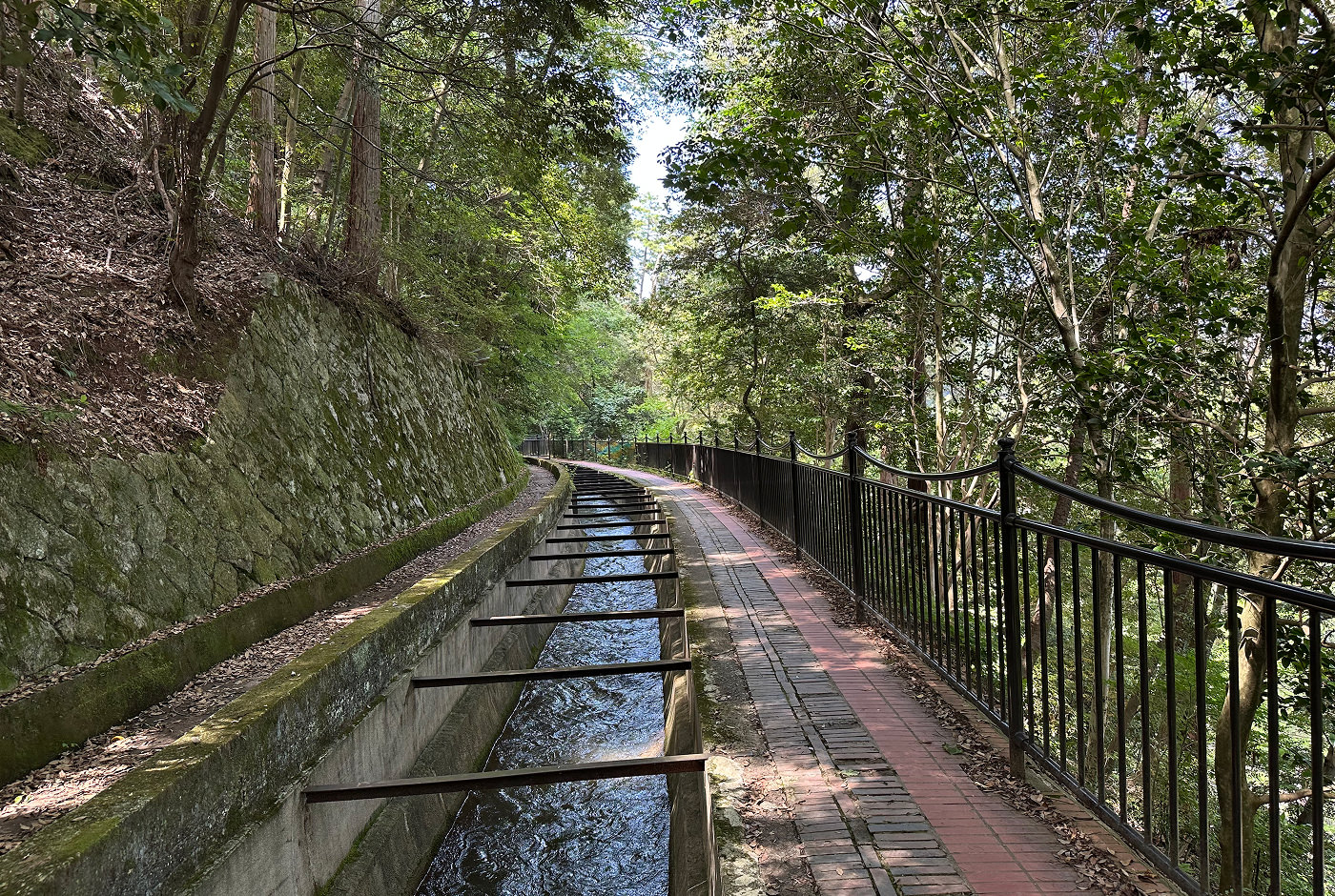 Kanal böjer sig runt en stor brant kulle med många träd. Till höger om kanalen finns en stenpromenad med ett mörkt metallstängsel och mer skog.