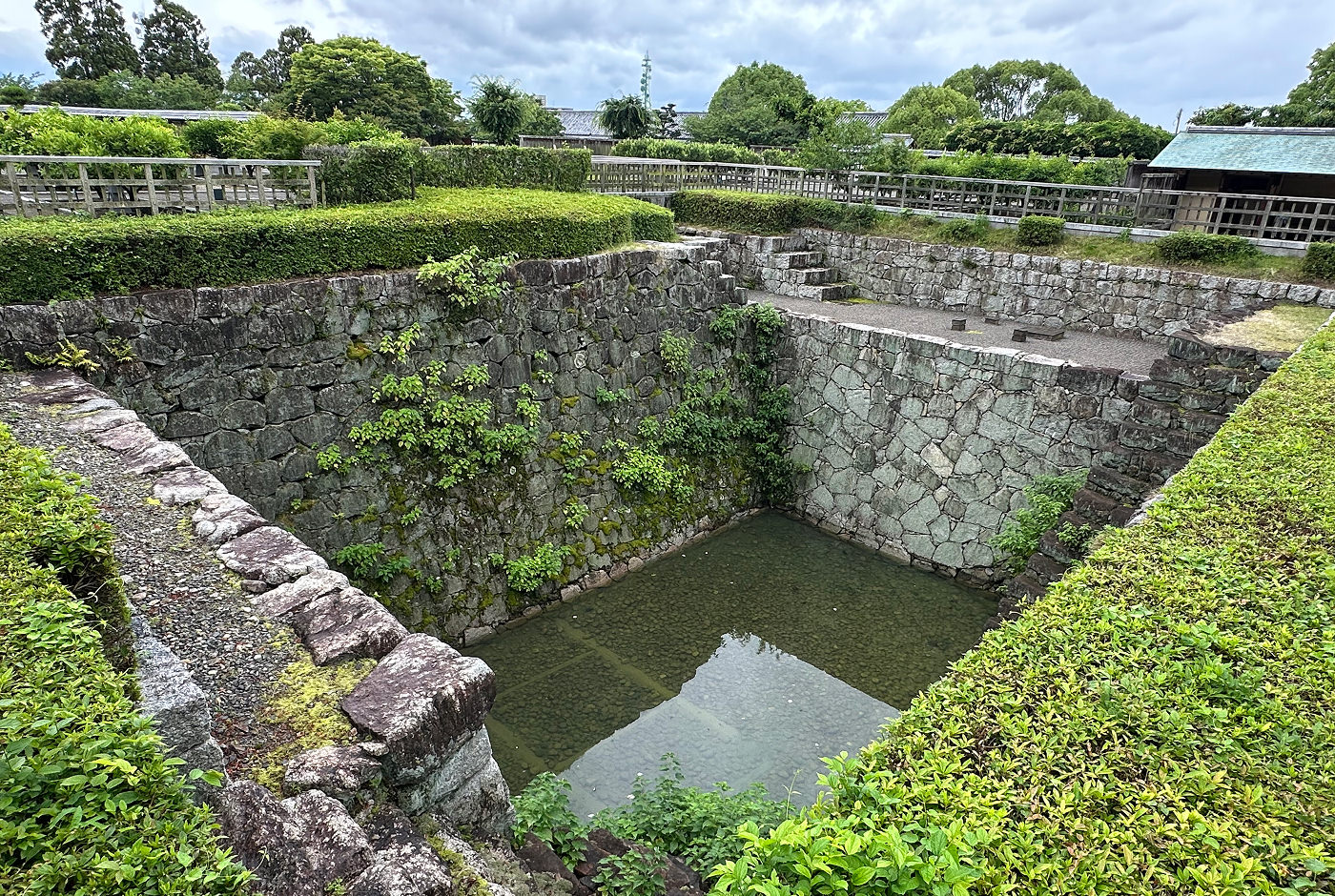En stor öppen stenbrunn med väldigt lite vatten i. Den är omgiven av välansat buskage.