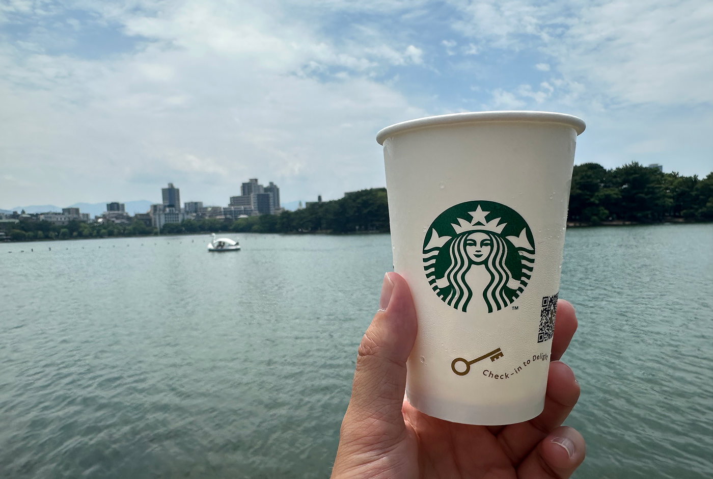 En hand håller i en vit papperskopp med logotypen för Starbucks på. I bakgrunden finns en insjö i en stor park.