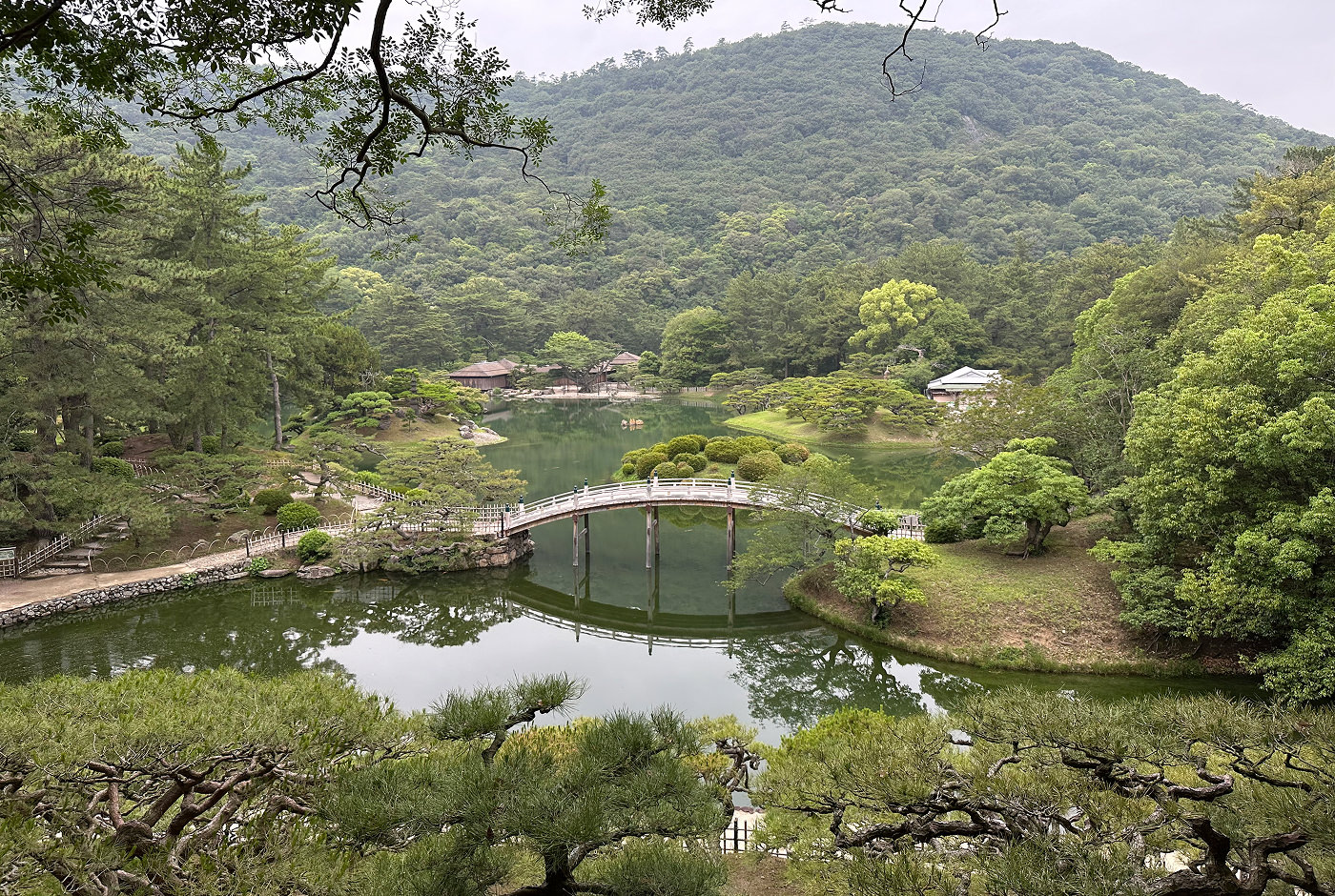 Översikt av en fin japansk trädgård. I mitten finns en stor damm med en böjd bro över sig.