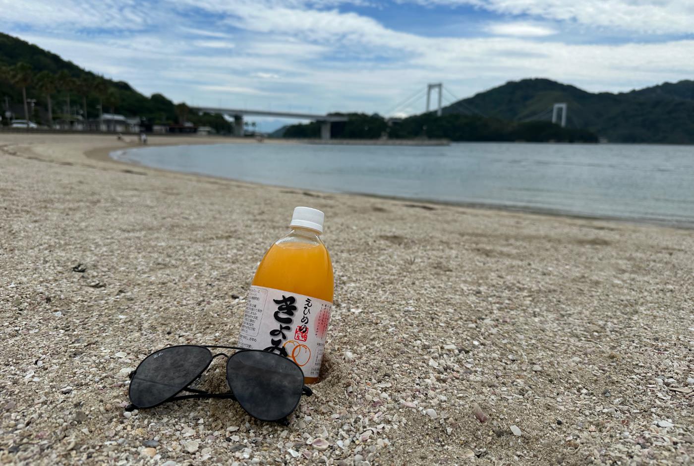Ett par solglasögon och en flaska apelsinjuice ligger på en sandstrand.