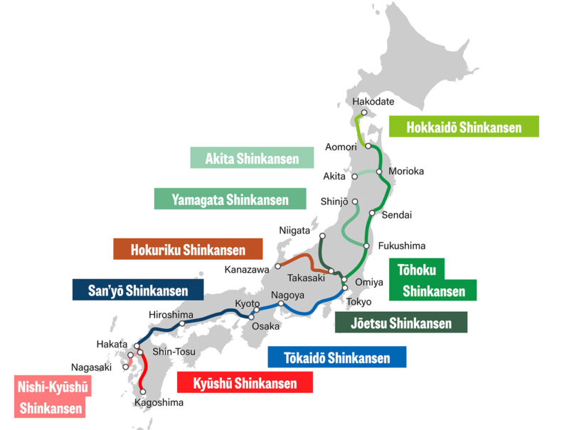 Karta över Japans tio olika Shinkansen-linjer.