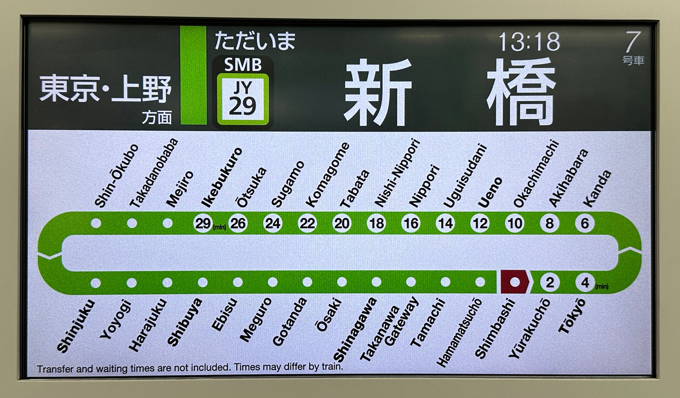 Digital karta över stationerna på Yamanote Line i form av en grön ring med vita prickar på vit bakgrund.