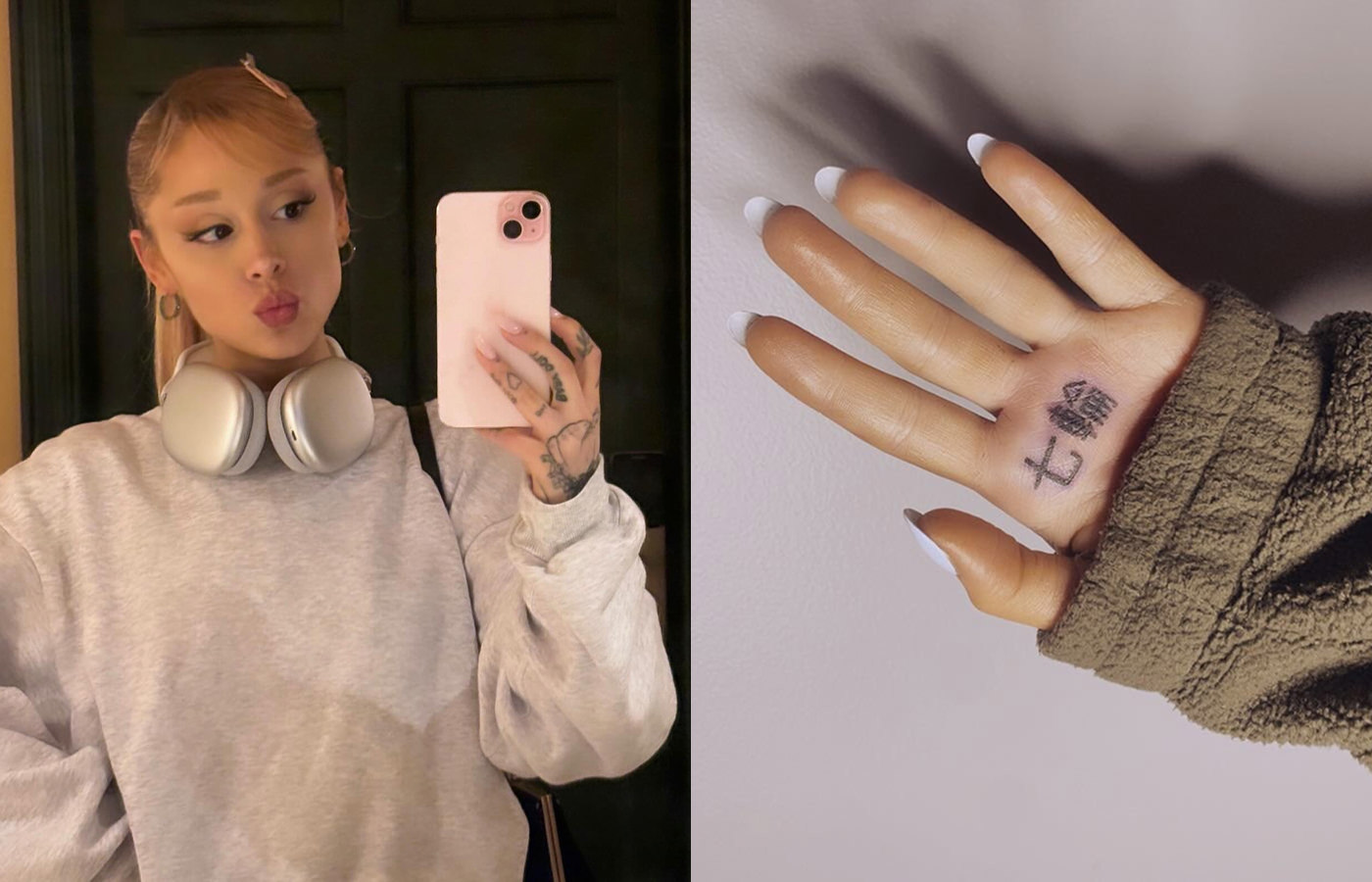Till vänster står popstjärnan Ariana Grander och tar en selfie vid en spegel. Hon har en stor grå tröja på sig och uppsatt hår. Till höger är en bild på hennes ena handflata som har två japanska Kanji-tecken tatuerade.