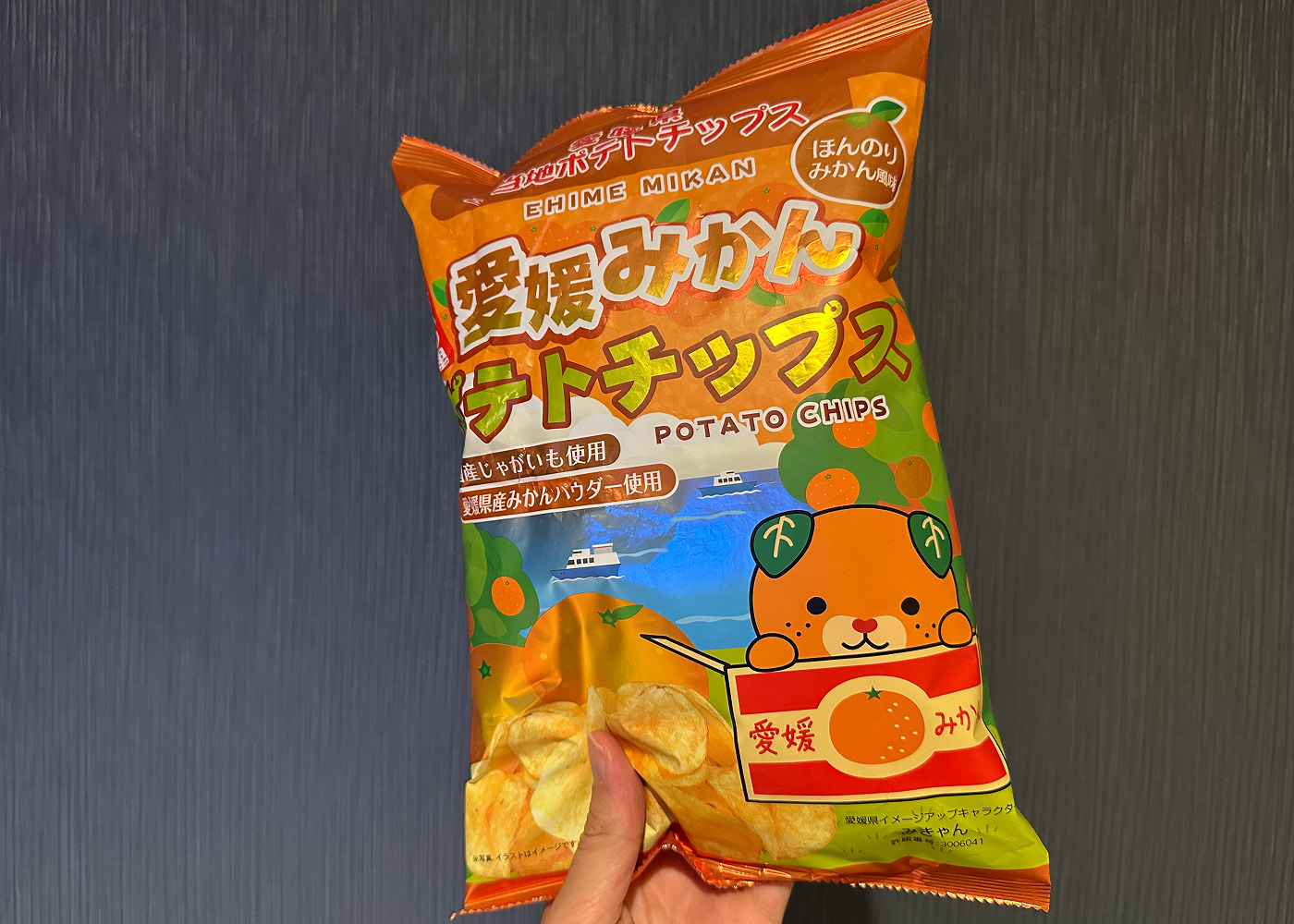 En orange påse med chips. En orange hund med löv till öron pryder påsen.