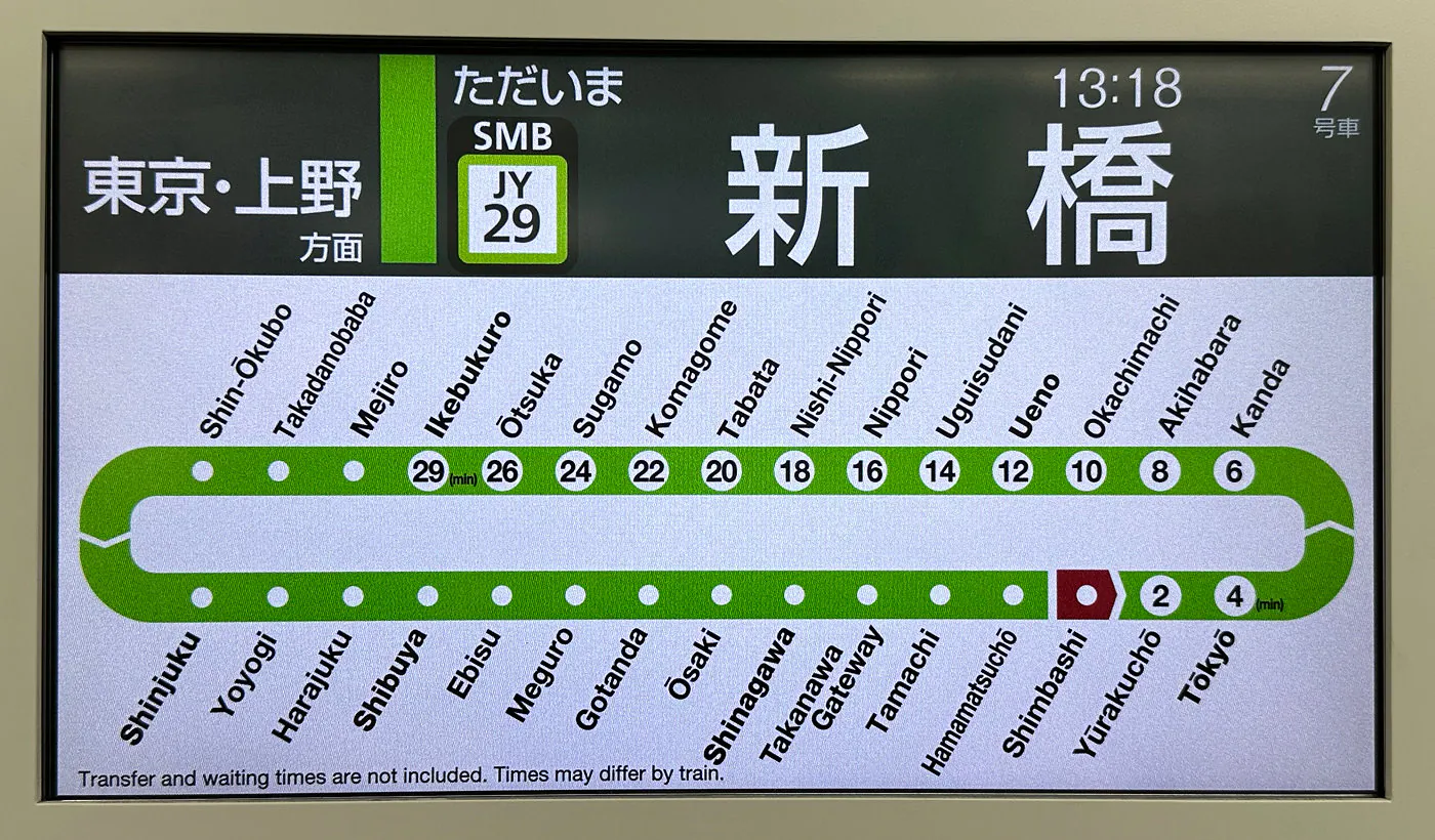 Digital karta över stationerna på Yamanote Line i form av en grön ring med vita prickar på vit bakgrund.