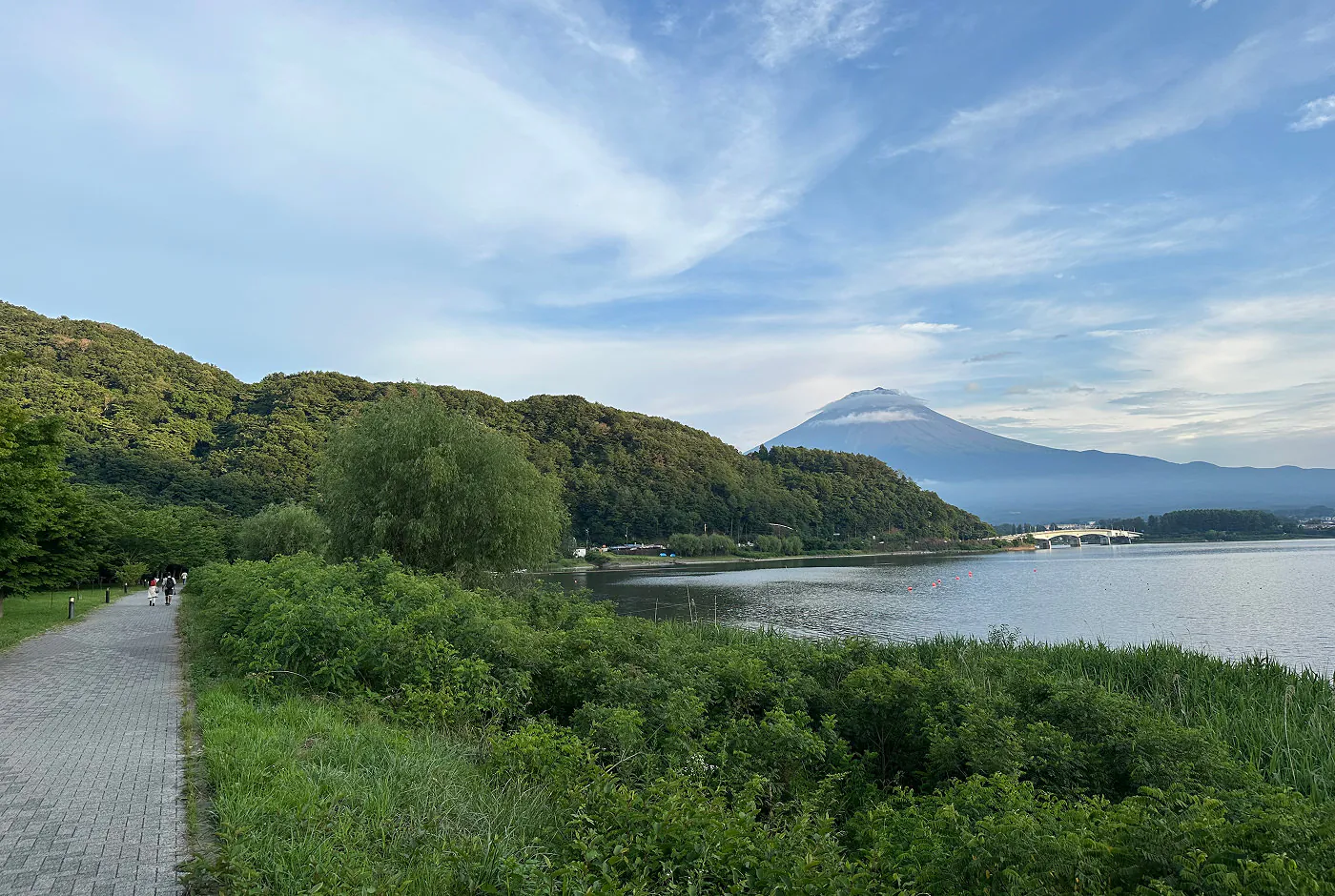 Stor sjö omgiven av lummiga kullar, buskar och träd. I fjärran syns enorma Mount Fuji.