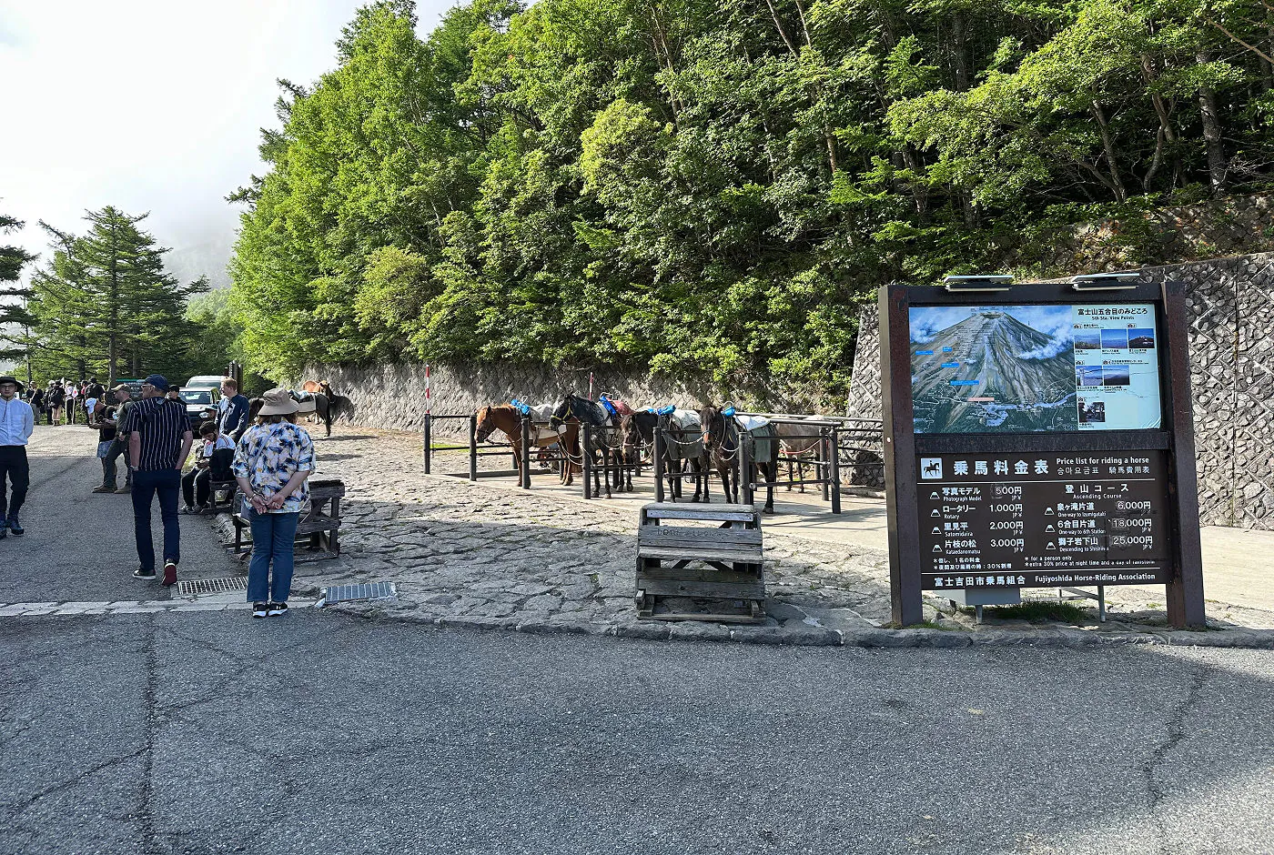 Ett öppet torg nedan för skog. En del folk går runt och tittar sig omkring. Till höger står fyra hästar fastspända vid några räcken.